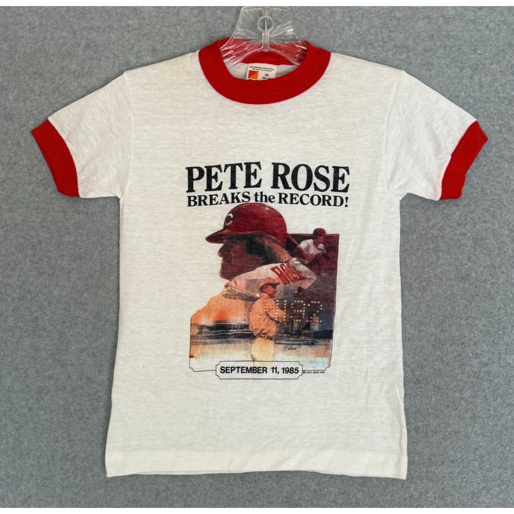 NEW Vintage 1985 Pete Rose Breaks the Record Cincinnati Reds T Shirt Boys 10-12